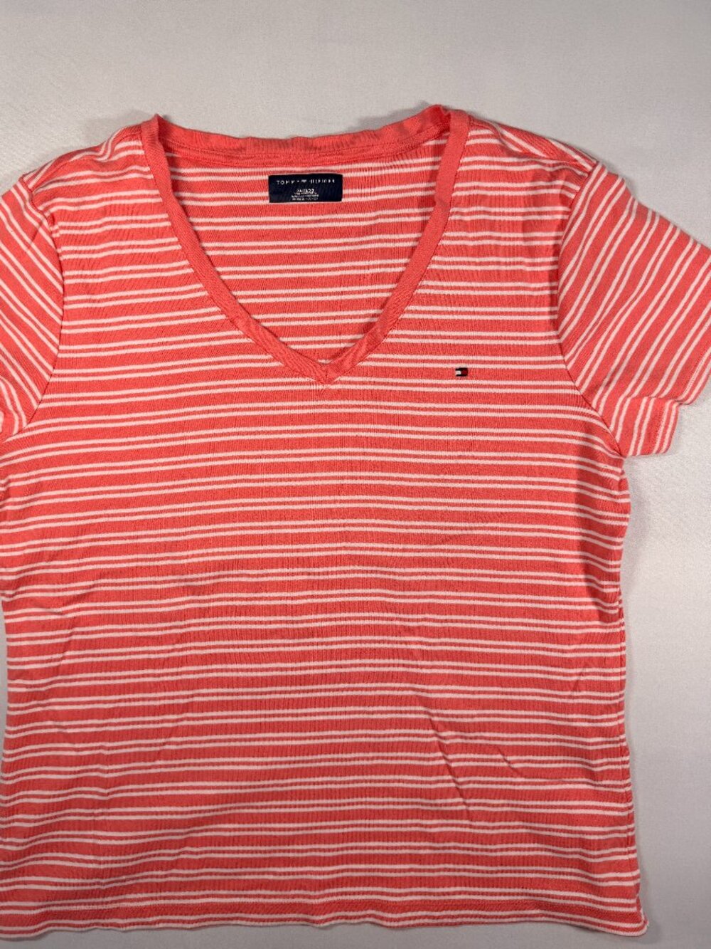 Tommy Hilfiger Coral White Striped Cotton V-Neck Tee XL